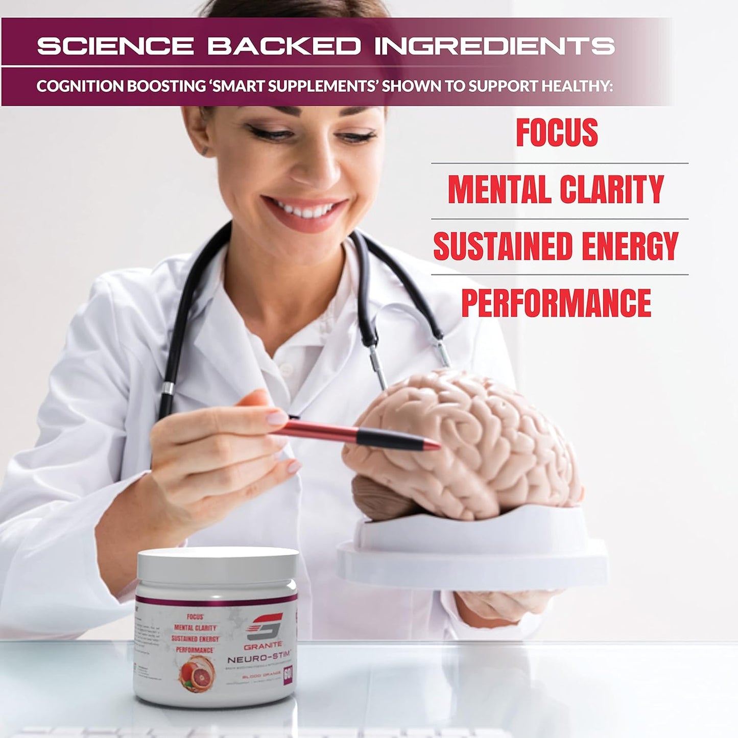 Granite Nutrition Gigabrain Nootropic Energy Powder – Cereboost, Alpha-Gpc & Elevatp – Cognitive Focus Supplement for Sustained Energy & Performance – Blood Orange, 30 Servings