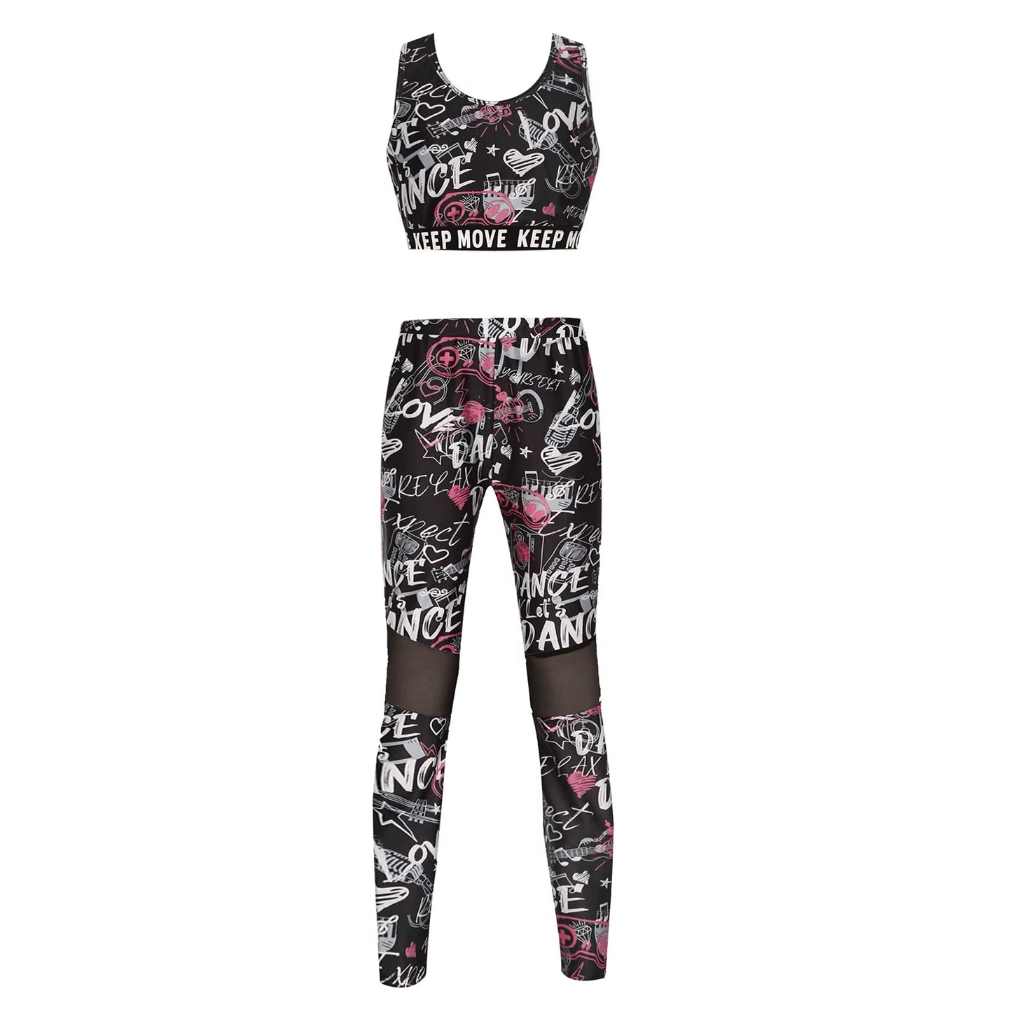 Kids Girls Ballet Dancewear Workout Gymnastics Outfits Sport Bra Top Mesh Patchwork Pant Leggings Set Teens Ballet Dance Sets