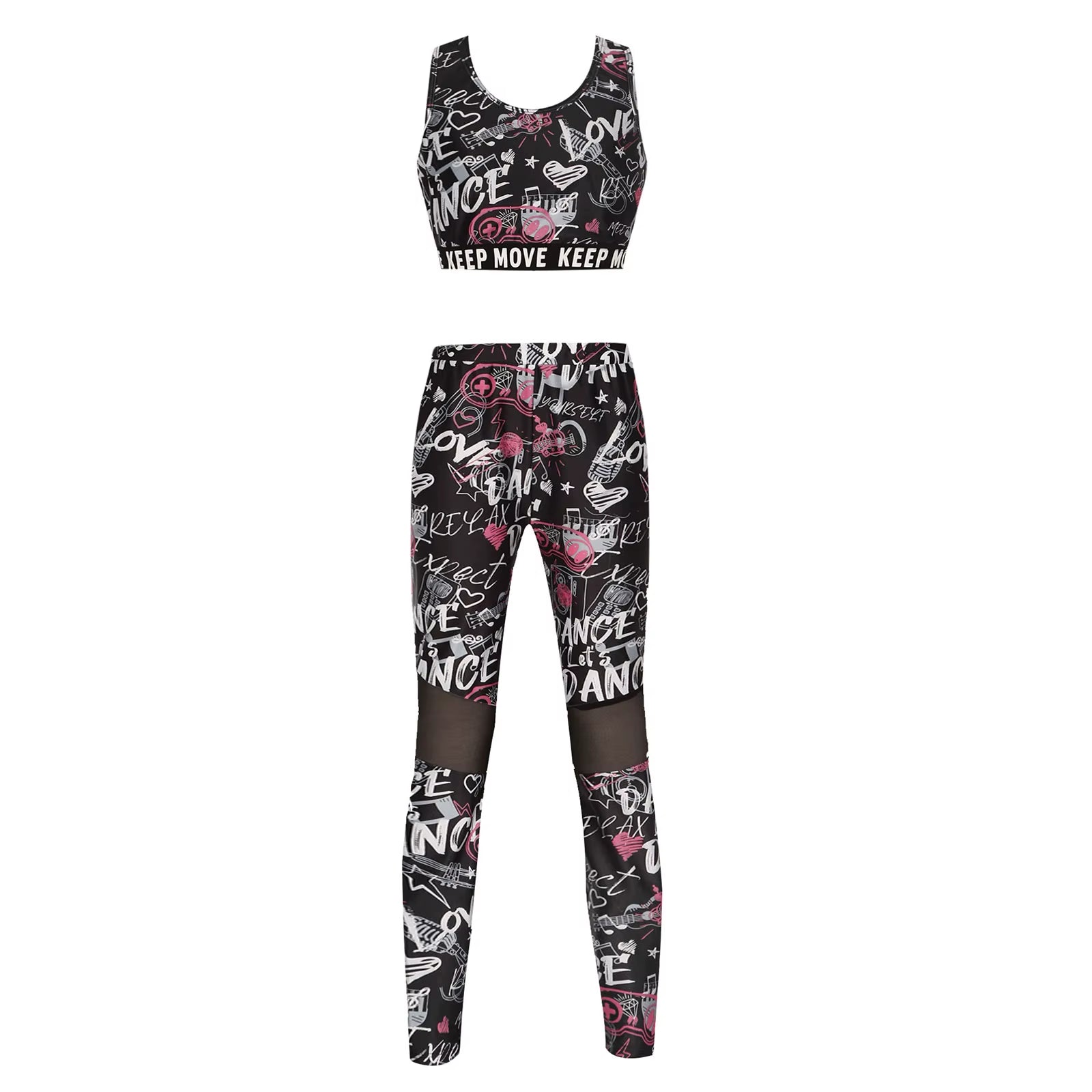 Kids Girls Ballet Dancewear Workout Gymnastics Outfits Sport Bra Top Mesh Patchwork Pant Leggings Set Teens Ballet Dance Sets