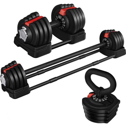 Juego de mancuernas de nailon 3 en 1, ajustables y antideslizantes, de 7 a 52,5 lb (negro y rojo)