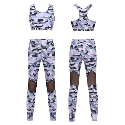 Kids Girls Ballet Dancewear Workout Gymnastics Outfits Sport Bra Top Mesh Patchwork Pant Leggings Set Teens Ballet Dance Sets