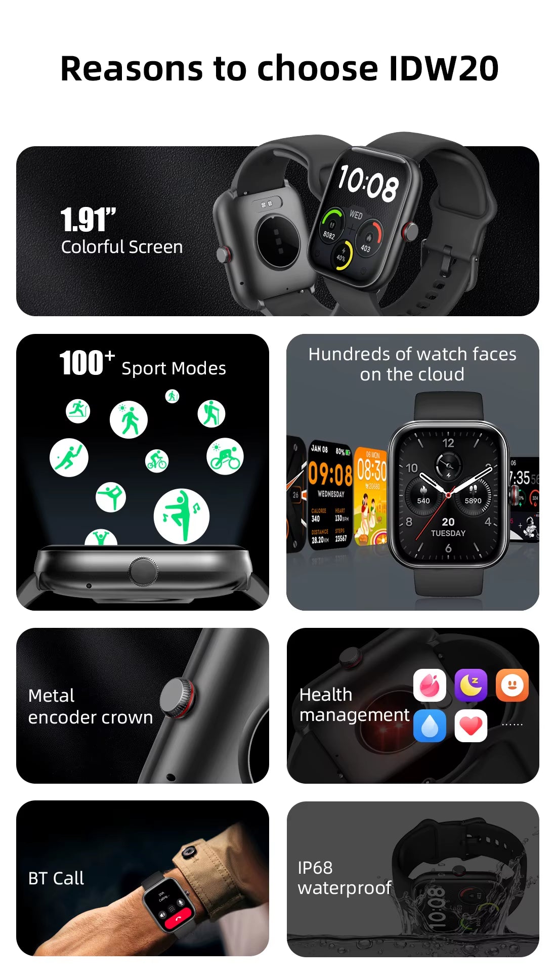 2025  New IDW20 Smart Watches for Men Women Bluetooth Call Smartwatch Build-In Alexa 5ATM IP68 Waterproof Heart Rate