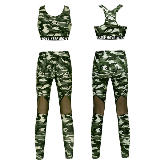 Kids Girls Ballet Dancewear Workout Gymnastics Outfits Sport Bra Top Mesh Patchwork Pant Leggings Set Teens Ballet Dance Sets
